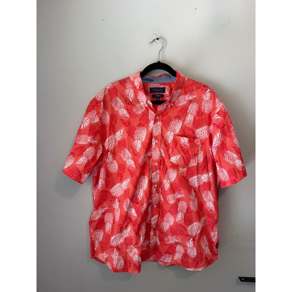 Crown & Ivy Mens XL Classic Fit Pineapple Print Button Down Shirt Coral Orange